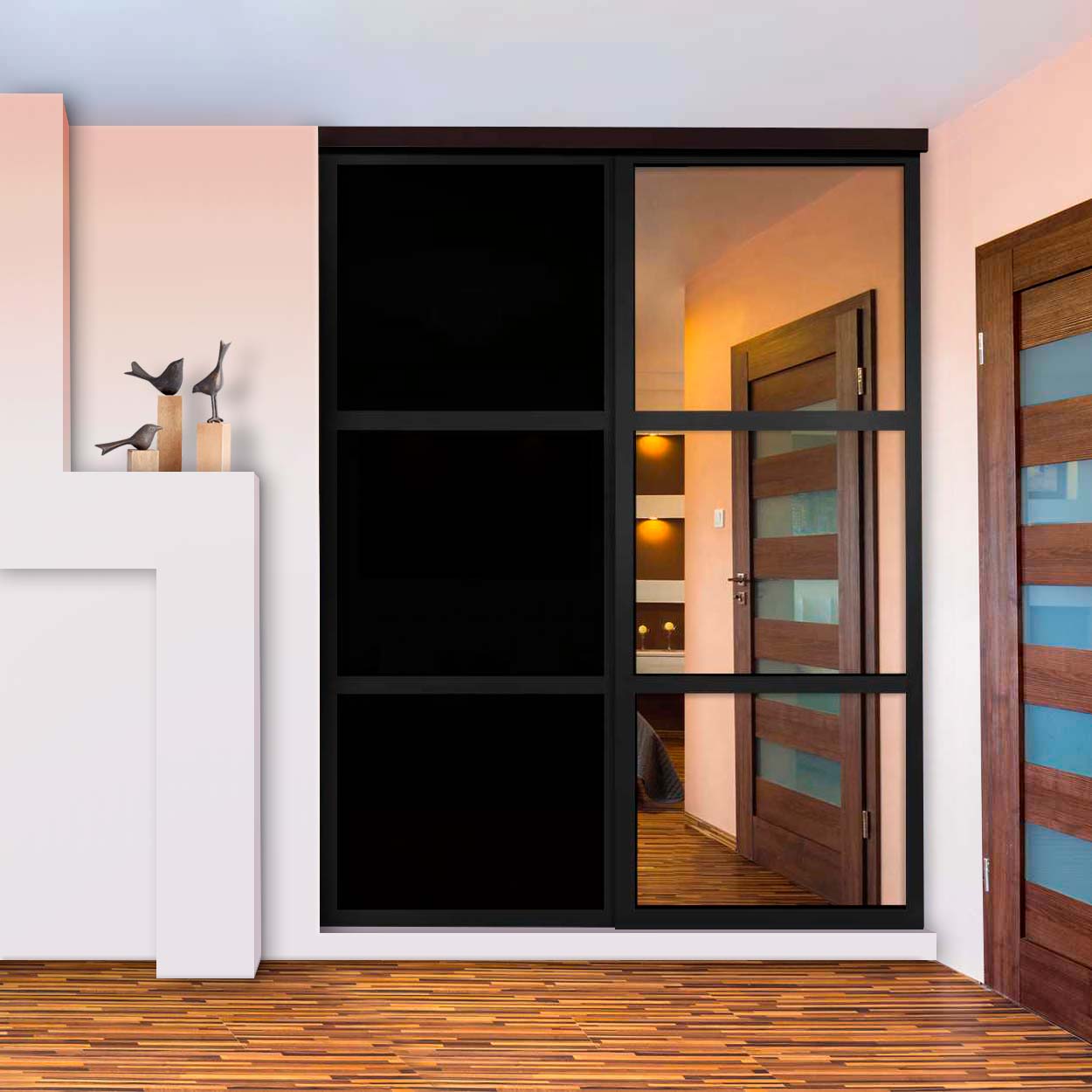 Puerta De Closet Con 2 Paneles - Vidrio Pintado Negro Y Espejo BMSC-2137
